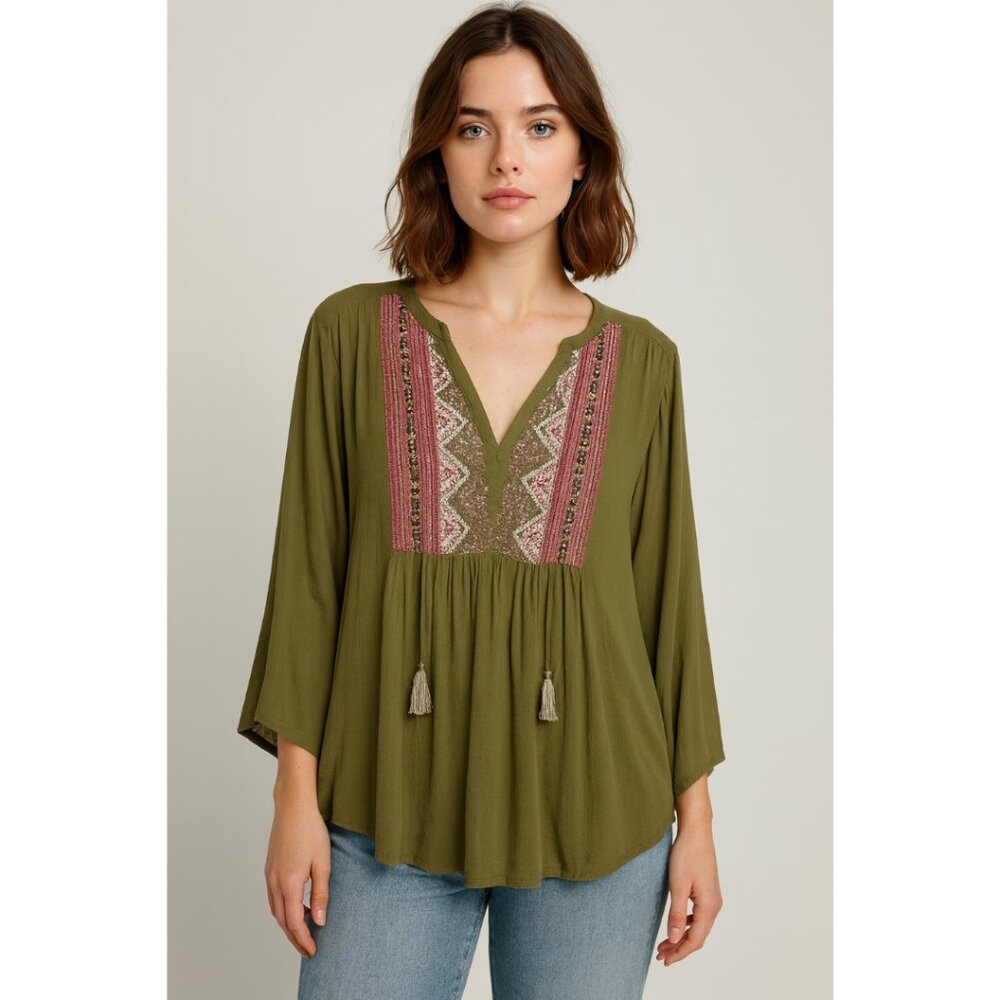 Frye and Co. Women's Boho Split Tie Neck Embroidered Flowy Blouse Dark Green NWT